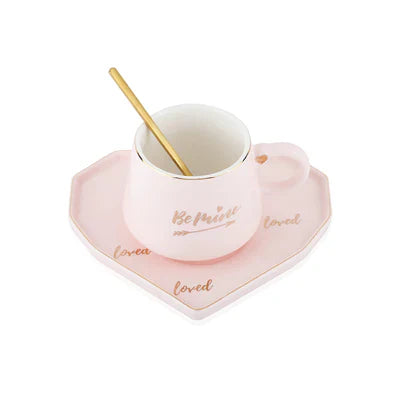 Be Mine Printed Ceramic Coffee Mug with Heart Shape Saucer & Spoon, Gift for Girls, Boys, Women, Man, Couple and others.