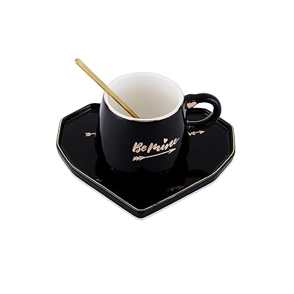 Be Mine Printed Ceramic Coffee Mug with Heart Shape Saucer & Spoon, Gift for Girls, Boys, Women, Man, Couple and others.