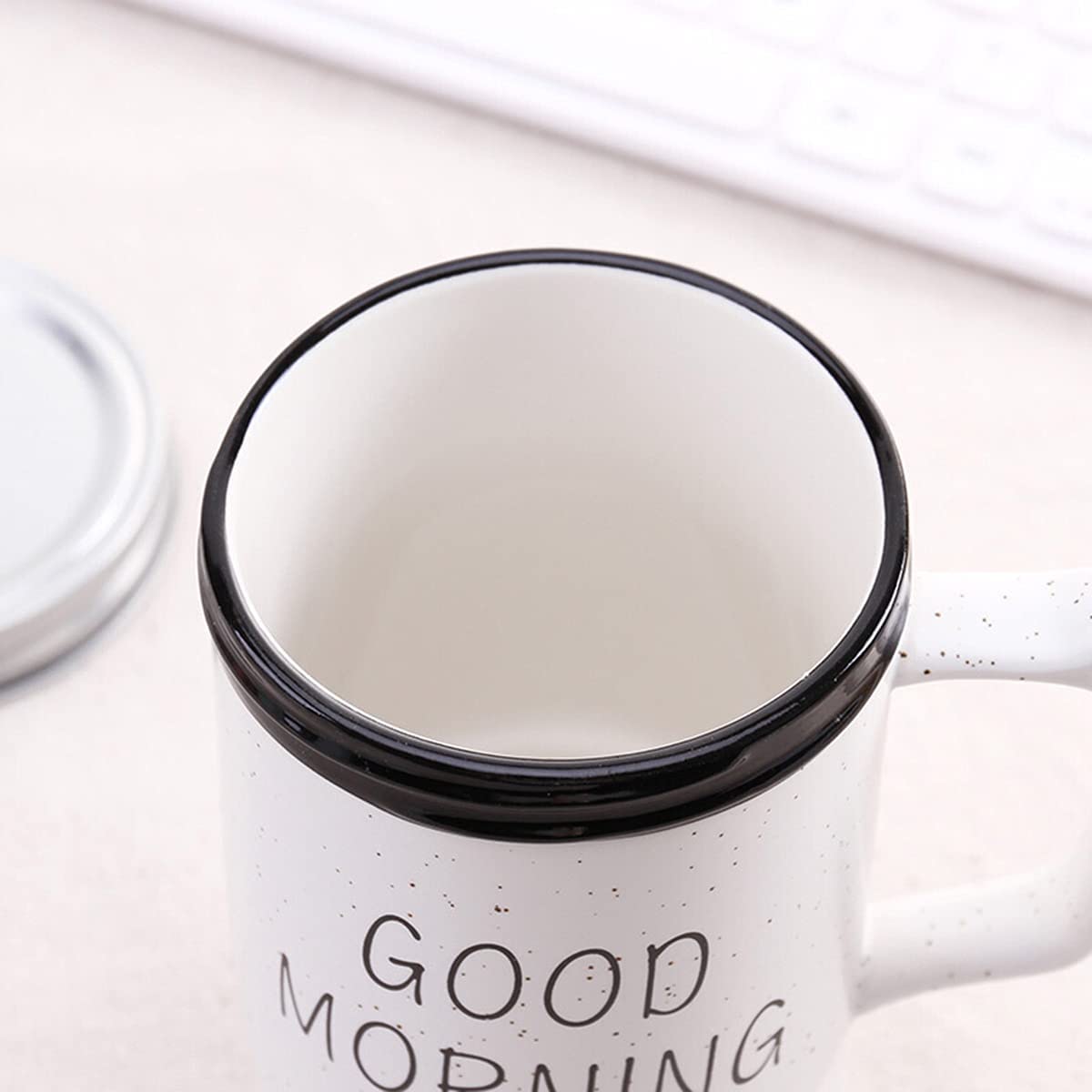 Good Morning Printed Ceramic Mug with Stainless Steel Straw for Cold Coffee and Ice Tea, 350 ml (White)