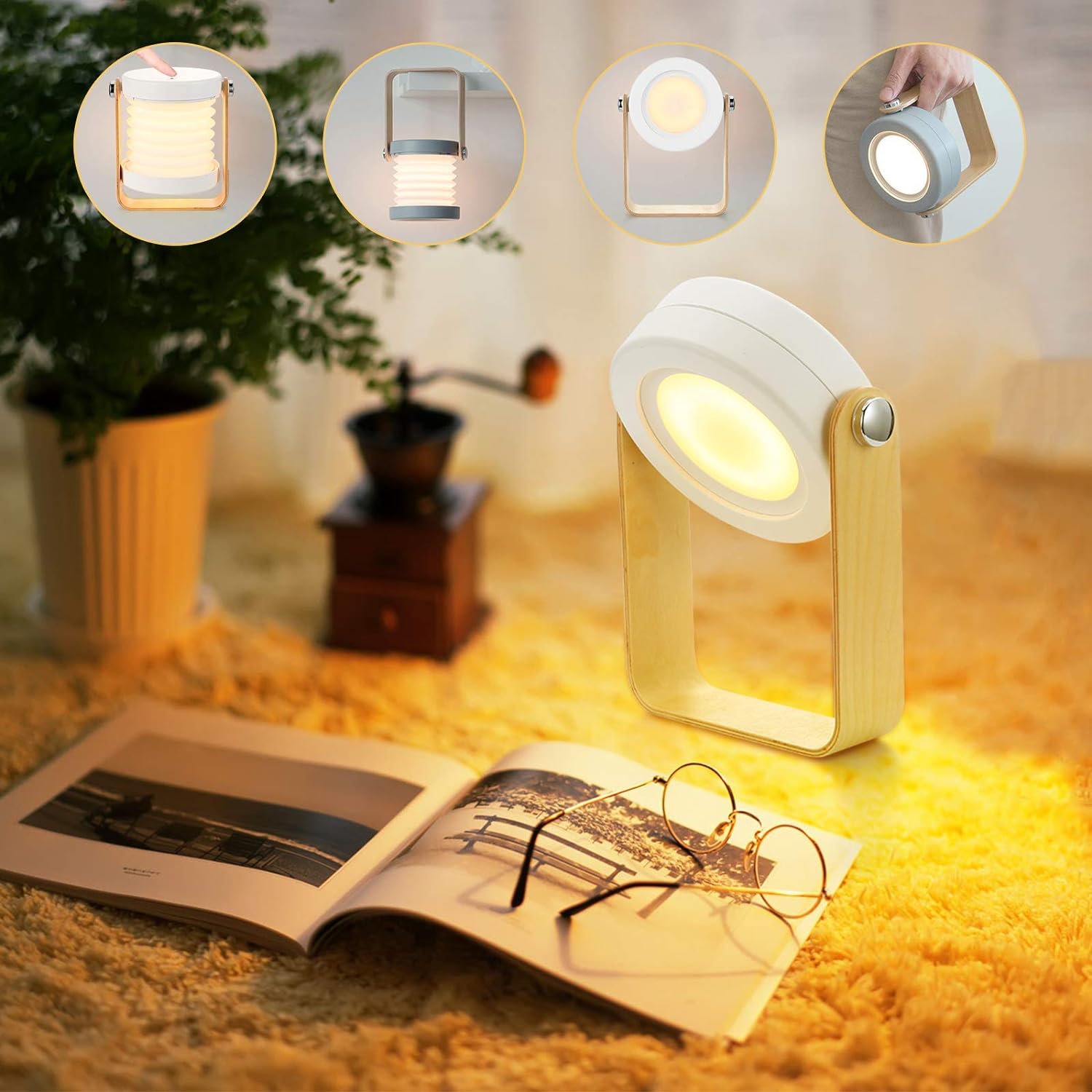 4-in-1 Foldable Table Lamp, USB Rechargeable LED Light, Wooden Handle Portable Lantern Light and Flashlight