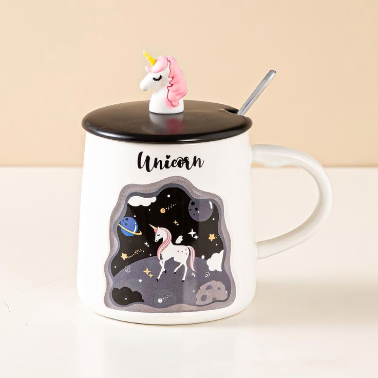 3D Unicorn Ceramic Mug with lid & Stainless Steel Spoon